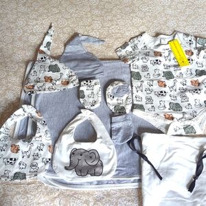 Matching set of blanket, hats, gloves, shoes and onesie for Baby. (New)